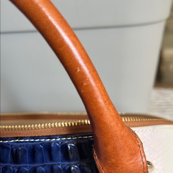 Brahmin White Navy Croc-Embossed Satchel with Tan Trim - Picture 6 of 14